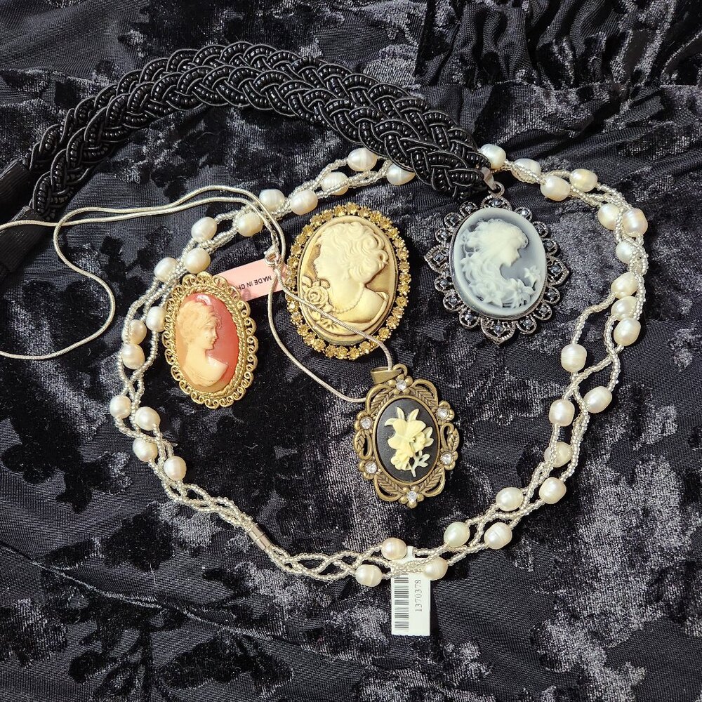 [SOLD] NWT 7 Cameo Set - Necklaces Brooches inc one oversized brooch & moonstone